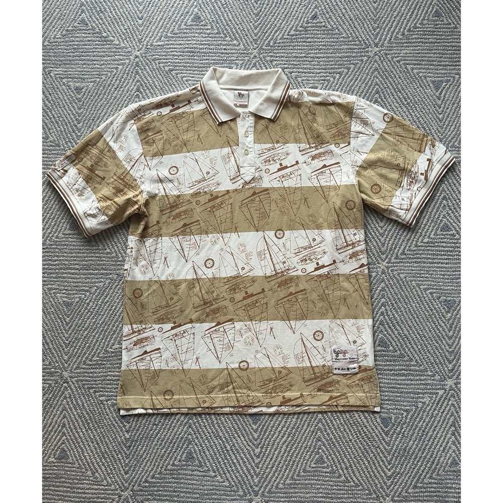Bare Fox Denim Cotton Sail Boat AOP Polo Shirt - Beige/Brown -‎ XL